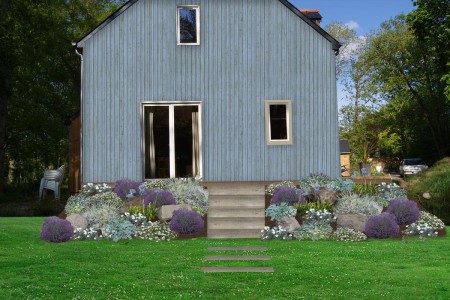 Photo montage APRES : Essai bardage couleur et ambiance végétation terrasse